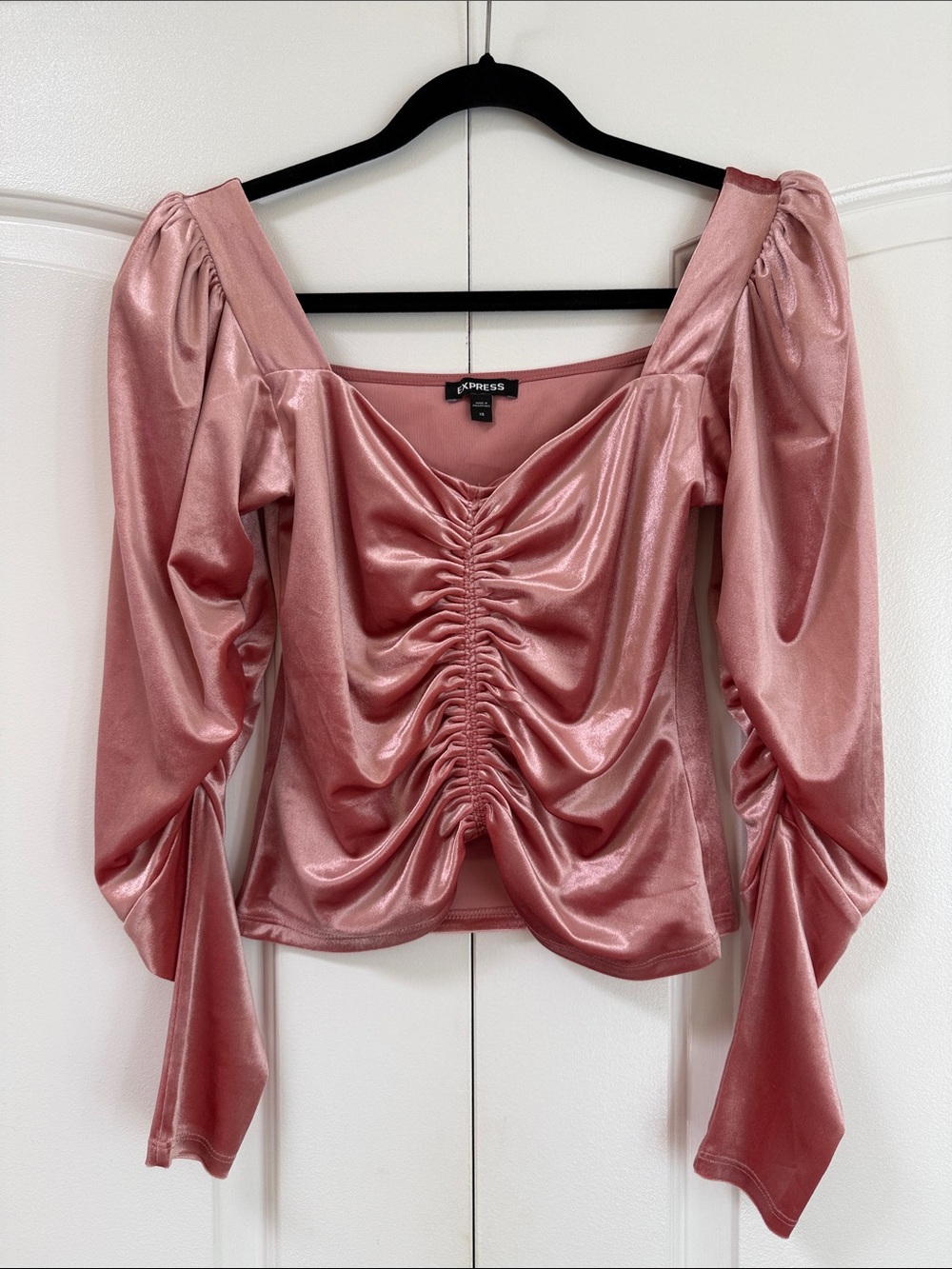 Express Rose Pink Ruched Satin Long Sleeve Blouse